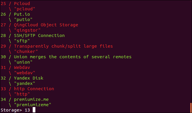 Definir o tipo de armazenamento rclone em uma janela de terminal