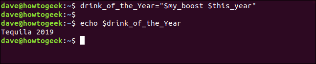 O comando drink_of-the_Year = "$ my_boost $ this_year" em uma janela de terminal.