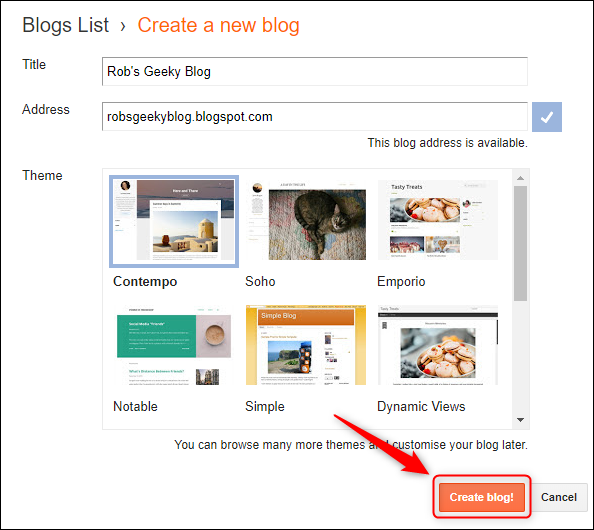 A seção "Criar blog!"  botão.