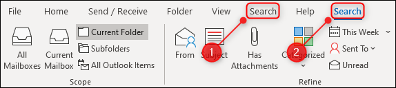 A faixa de opções do Outlook com duas guias "Pesquisar".