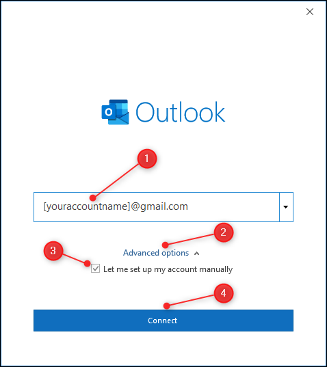 A caixa de texto para inserir seu endereço de e-mail com "Opções avançadas" realçado.