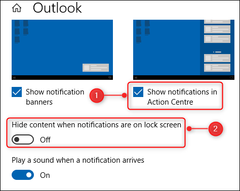 Duas das opções nas opções de notificação do Outlook.