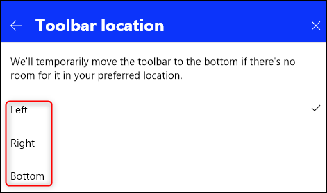 As opções de localização da barra de ferramentas.