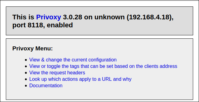 A página inicial do Privoxy em um navegador.