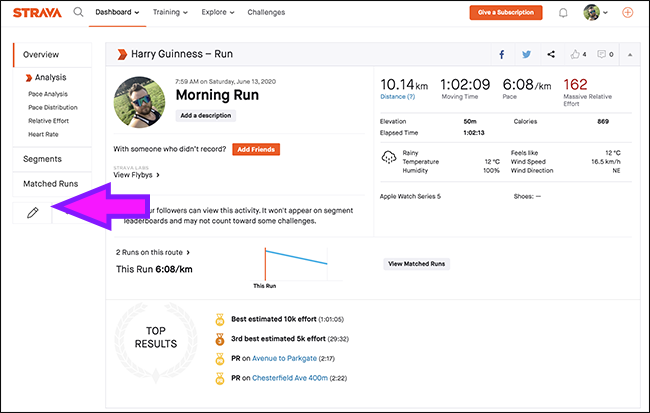 Clique no ícone Editar para uma atividade no Strava.