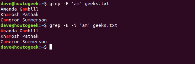 Os comandos "grep -E 'am' geeks.txt" e "grep -E -i 'am' geeks.txt" em uma janela de terminal.