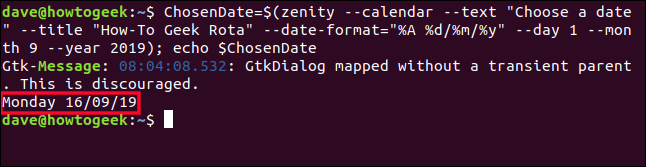 Data formatada europeia retornada por um calendário em uma janela de terminal.