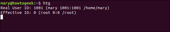 O programa "htg" iniciado pelo usuário "mary" em uma janela de terminal.