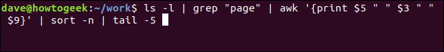 ls -l |  grep "página" |  awk '{print $ 5 "" $ 3 "" $ 9}' |  sort -n |  cauda -5 em uma janela de terminal