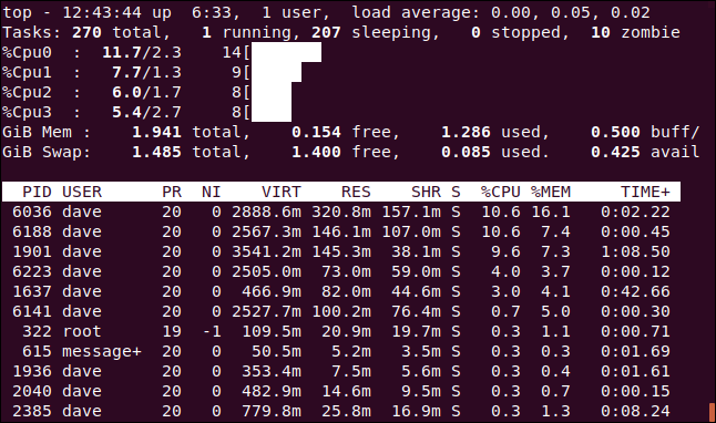 topo com gráficos de bloco ASCII mostrando a carga de trabalho da CPU, em uma janela de terminal.