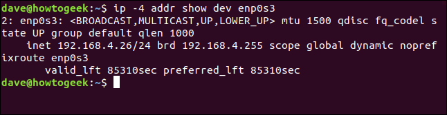 O comando "ip -4 addr show dev enp0s3" em uma janela de terminal.