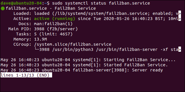 sudo systemctl status fail2ban.service em uma janela de terminal.