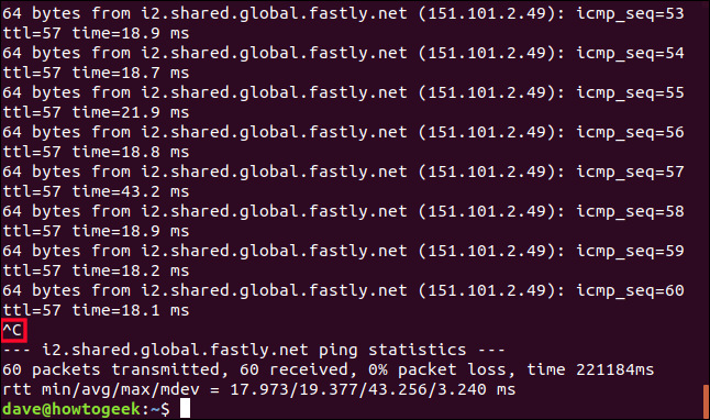 Ctrl + C parando o comando ping em uma janela de terminal