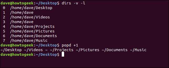 Os comandos "dirs -v -l" e "popd +1" em uma janela de terminal.