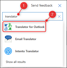 A caixa de pesquisa "Suplementos e conectores" exibida no suplemento "Tradutor para Outlook".