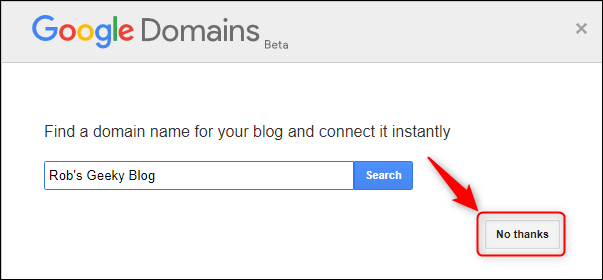 O painel do Google Domains, com "Não, obrigado" destacado.