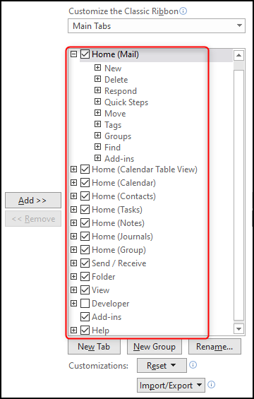 A lista de grupos atualmente visíveis na faixa de opções do Outlook.