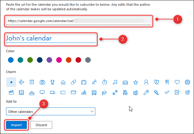 Painel "Adicionar um calendário" do Outlook Online.