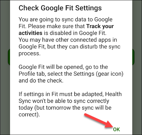 Toque em "OK" no pop-up "Verificar configurações do Google Fit".