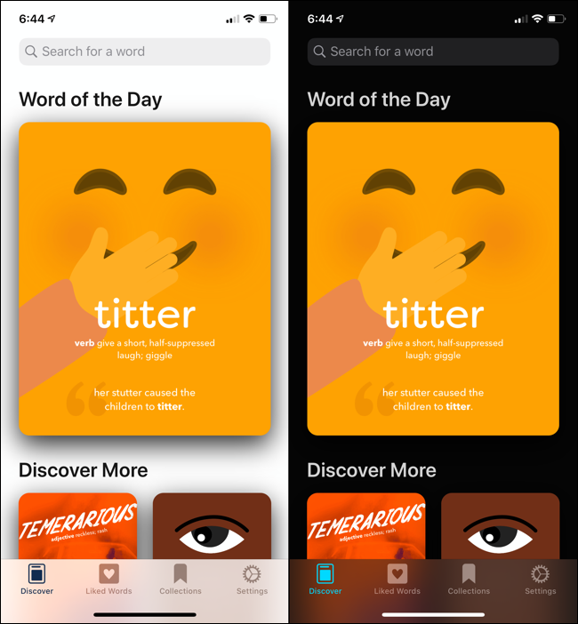 Uma comparação do aplicativo de dicionário LookUp no modo claro e no modo escuro no iOS 13