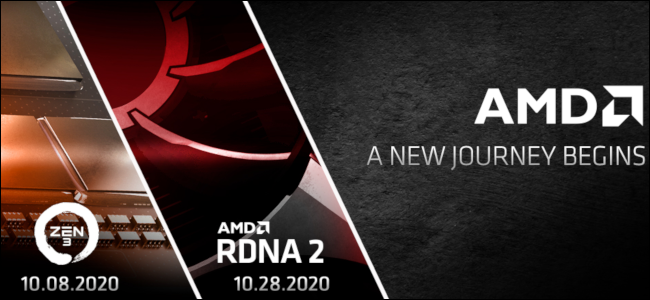 Três anúncios diagonais anunciando as CPUs e placas gráficas Zen 3 e RDNA 2.