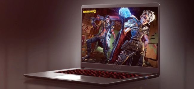 Um laptop da marca AMD em um fundo roxo com uma imagem promocional Borderlands 3 na tela do laptop.