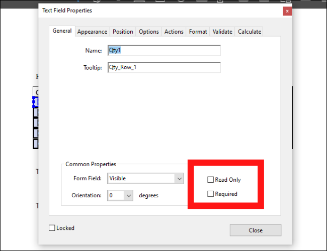 Propriedades do campo de texto do Acrobat