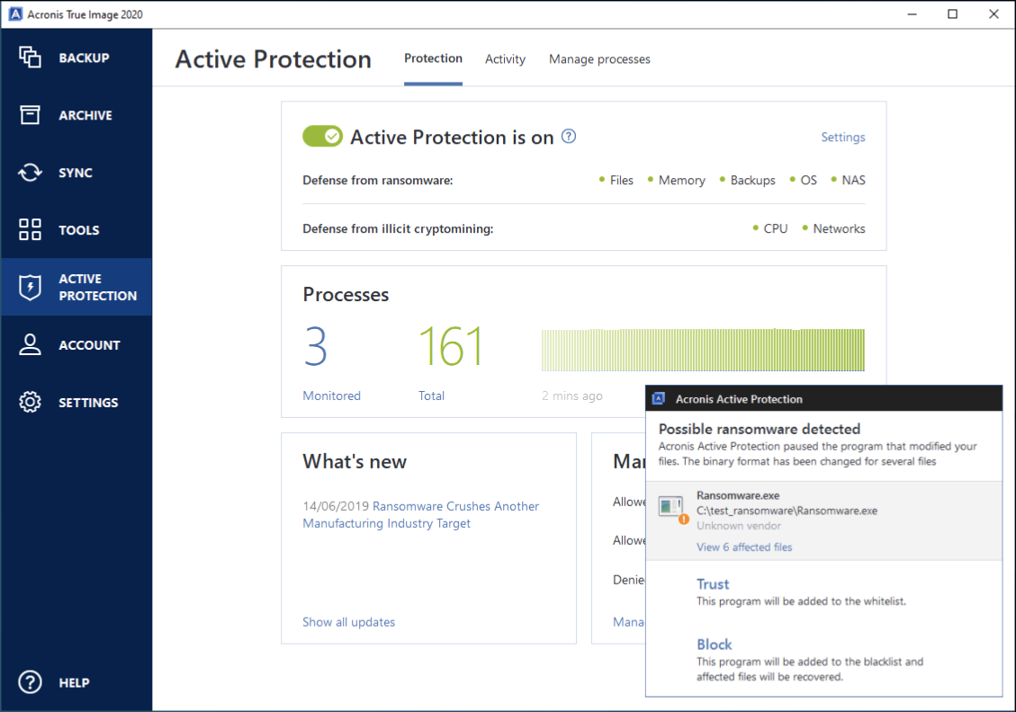 O menu "Proteção ativa" no software de ransomware Acronis True Image.