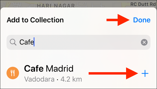 Toque no sinal de mais (+) para adicionar um local à sua coleção e, a seguir, toque em "Concluído".