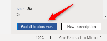 Adicione todo o conteúdo da transcrição de áudio ao documento do Word