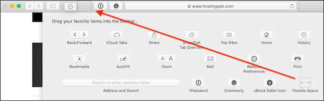 Adicione espaço flexível entre os botões na barra de ferramentas do Safari
