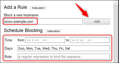 Digite o site que deseja bloquear na caixa de texto, clique em “Adicionar” e defina uma programação.