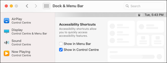 Personalização do macOS Control Center em Configurações.