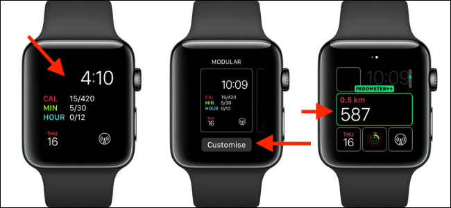 Três Apple Watches com complicação Pedômetro ++ no rosto.