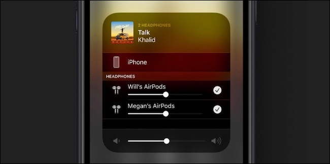 Compartilhamento de áudio do AirPods na tela do iOS 13 AirPlay