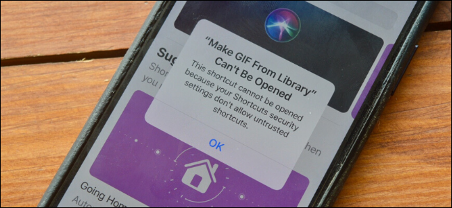 Um iPhone mostrando o alerta no aplicativo Shortcuts que diz que um atalho não confiável não pode ser instalado.