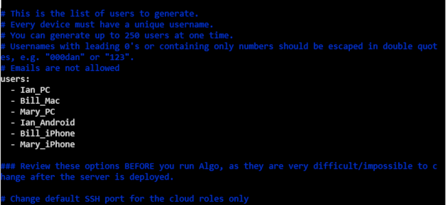 Um arquivo de configuração Algo em uma janela de terminal.