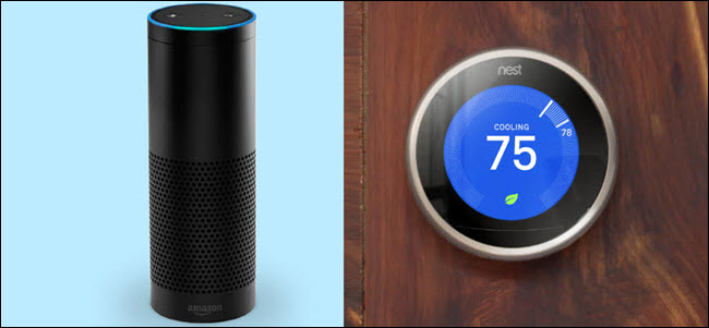 Um Amazon Echo próximo a um Google Nest