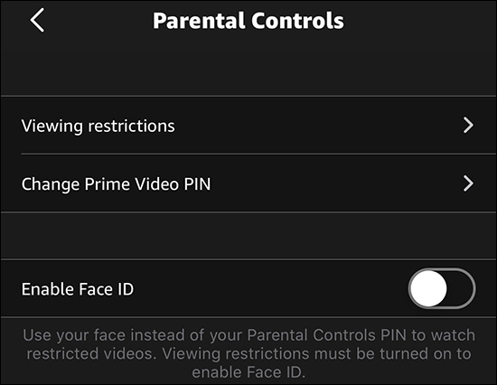 O menu "Parental Controls" no aplicativo móvel Amazon Prime Video.