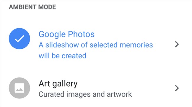 Configurações do modo ambiente do Google Home, com Google Fotos selecionado.