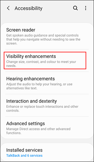 Toque em Melhorias de visibilidade no menu de acessibilidade do Android