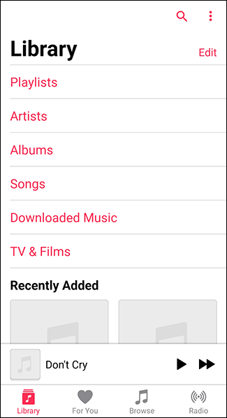 Abra o aplicativo Apple Music no Android e toque no aplicativo Biblioteca