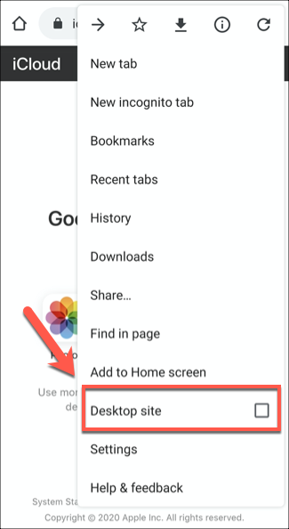 Clique na opção Site para desktop para desativar a visualização de sites móveis no Chrome para Android
