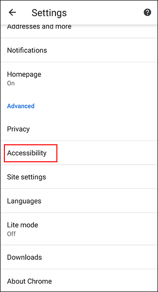 Nas configurações do Chrome, toque em Acessibilidade