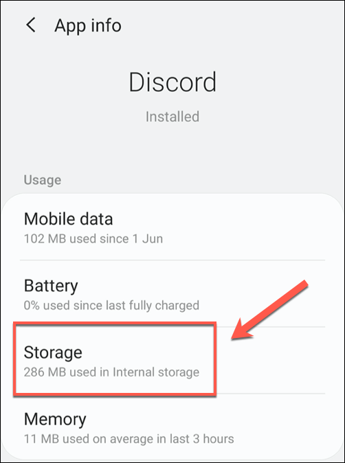 No menu App Info para Discord, toque na opção Storage.