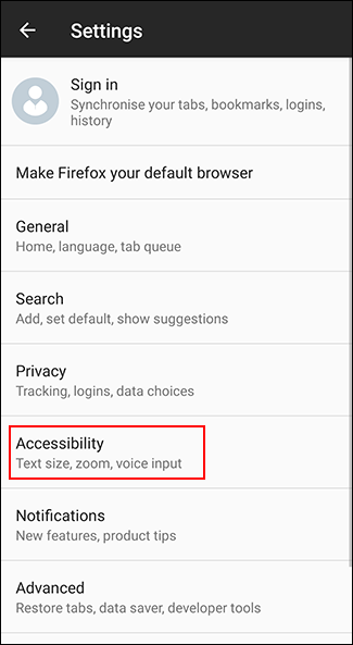 Toque em Acessibilidade no menu de configurações do Firefox no Android