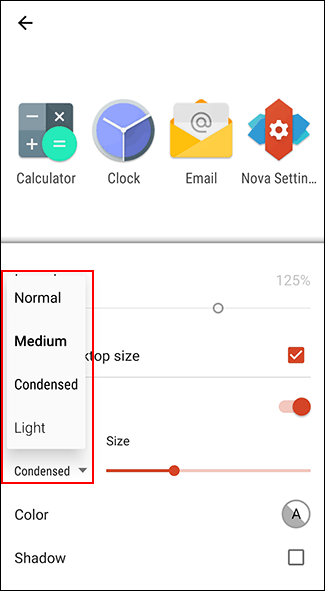 No menu Layout de ícone do Nova Launcher, escolha sua fonte no menu suspenso Fonte