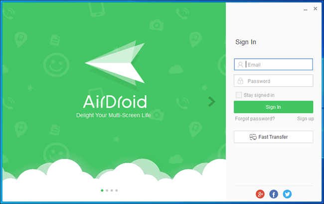 Tela de login do Airdroid para PC