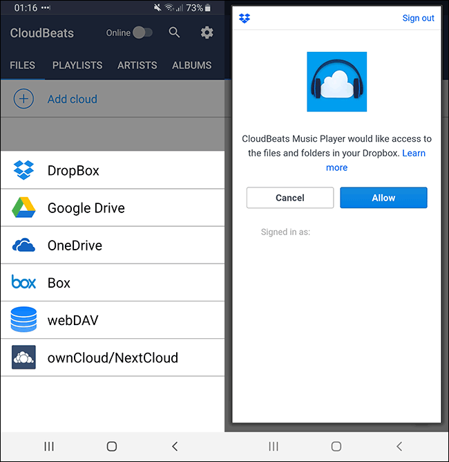 Aplicativo para Android Cloudbeats mostrando opções de autenticação do Dropbox