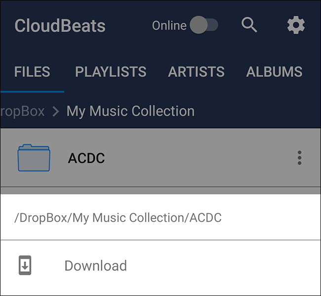 Opção de download da pasta Dropbox do Clloudbeats